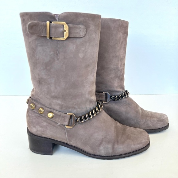 STUART WEITZMAN Citylink Taupe Suede Metal Link Chain Moto Biker Boots Sz 7.5 W - Picture 2 of 14
